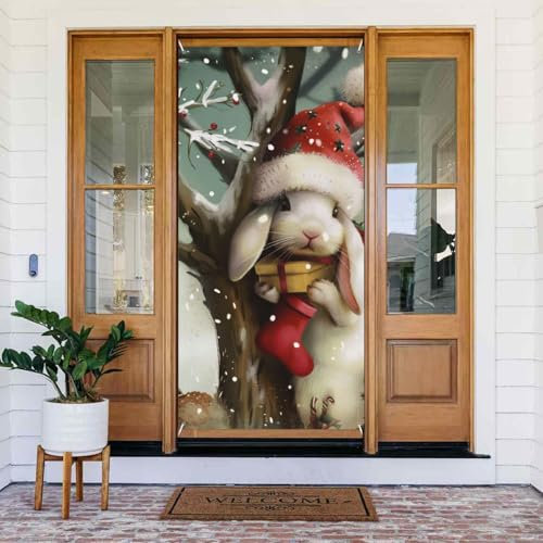 Christmas Rabbit Bunny Printed Door Banner Fabric Hanging Door Cover Background Poster for Home Front Door Holiday Party Decorations