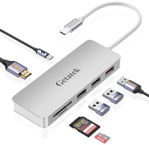 Getatek 7 IN 1 USB C Hub Mit 4K HDMI, USB3.1 10Gbps, 2 USB 2.0, 100W PD, SD/TF Kartenleser, Für 2024-2016 MacBook Pro/Air 13/14/15/16, Universal Type C Multiport Adapter (Silver)