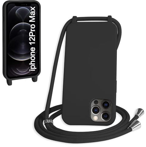 SLWYF Compatible with iPhone 12 Pro Max Crossbody Lanyard Case, Liquid Silicone Protective Phone Case with Strap Adjustable Neck Cord Necklace Soft Cover for iPhone 12 Pro Max, Black