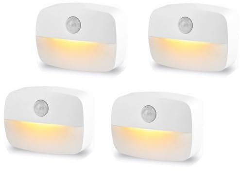 SUJAHHUJIQ Lot de 4 veilleuses LED à détecteur de mouvement, à coller - Alimentées par piles - Capteur d'escalier automatique / marche/arrêt - Pour toilettes, couloir, placard, cuisine, chambre