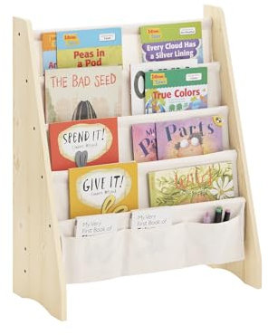 SoBuy Montessori Bücherregal Kinder Regal Kinderzimmer mit 4 Stofffächern Aufbewahrung Spielzeug & Bücher Kinderregal Hängefächerregal Natur 63x76x28cm KMB50-N