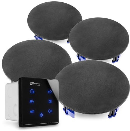 Power Dynamics A50 Bluetooth Deckenlautsprecher Set - 4X Einbaulautsprecher 6,5 - 40 Watt Verstärker Unterputzradio, 55mm Tief - Radio, USB & SD für Wohnzimmer, Büro, Gastro & Außenbereich