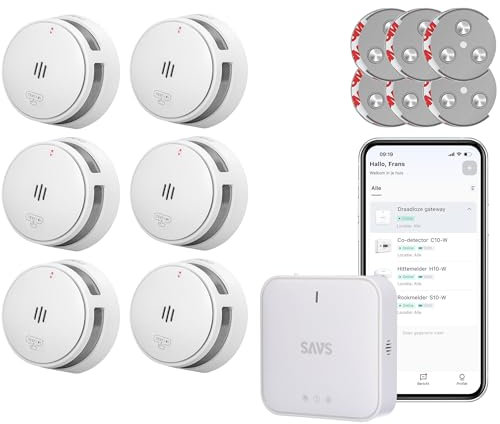 SAVS WLAN Rauchmelder Vernetzt Bundle - 6 S10-W RF & WiFi Smart Brandmelder und G10 Basisstation - 10 Jahre Batterie - Gateway Funktioniert über App - Magnetische Montage ohne Bohren