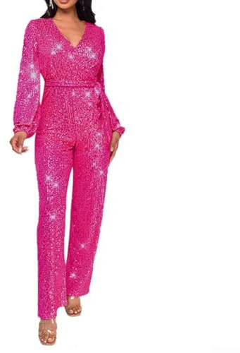 Damen Langarm Jumpsuit mit Pailletten Ideales V-Ausschnitt Design für saisonale Feiern, rosarot, S