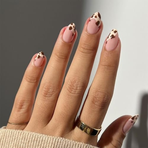 SXVME French Tip False Nails Short Almond with Cute Leopard Design French Press on Nails Short Stiletto Cherry Print Full Cover Fake Nails Glossy Acrylic Stick on Nail for Women Decoration 24 Pcs