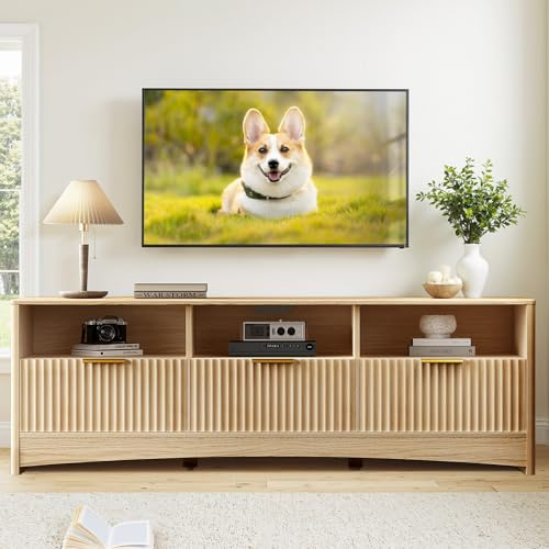 Marsail 59″ Wide TV Stand for TVs Up to 65″, Modern Entertainment Center with Fluted Panels, 3 Easy-Sliding Drawers, Open Shelves & Cable Hole, 3-Tier TV Stands for Living Room & Bedroom, Natural Oak