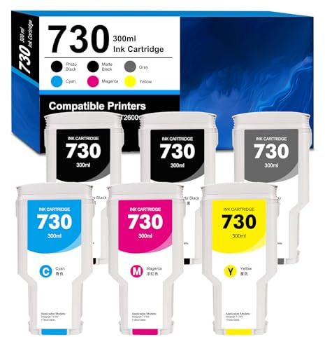 730 Tintenpatronen 300ml für HP 730 Druckerpatrone(6 Pack,MBK/PBK/C/M/Y/GY) | P2V68A P2V69A P2V70A P2V71A P2V72A P2V73A mit HP DesignJet T1600 T1700 T2600(Mattschwarz,Fotoschwarz,Cyan,Gelb,Magenta,Grau)