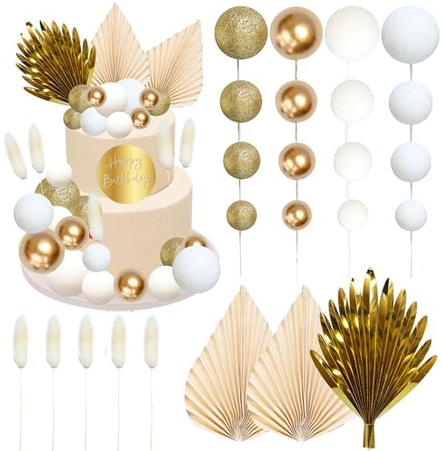 Ephlyn Lot de 33 boules de décoration de gâteau rondes en acrylique motif feuilles de palmier pour anniversaire, mariage, fête prénatale, fournitures de fête - Doré/blanc