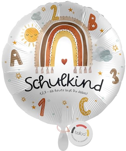 balloa Folienballon Schulkind zur Einschulung, runder Helium Ballon mit Zahlenmotiv und Regenbogen, Geschenk zum Schulanfang für Mädchen oder Jungen, Einschulungsdeko für Schultüte oder Feier, 33cm