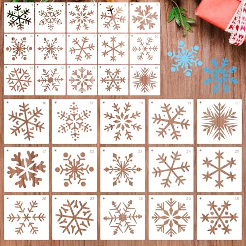 30 Stück Schneeflocke Schablonen, wiederverwendbare Malerei Schablonen Weihnachten Schneeflocke Handwerk Kunstvorlage zum Sprühen Tür Fenster Wandmalerei Heimdekor