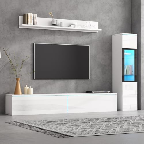 VIIOOIIV TV Stand with Display Cabinet and Hanging Shelf Furniture Sets, TV Console Table with LED Light, Modern Entertainment Cabinet with Storage and Shelves for Living Room White (180 * 33 * 30 cm)