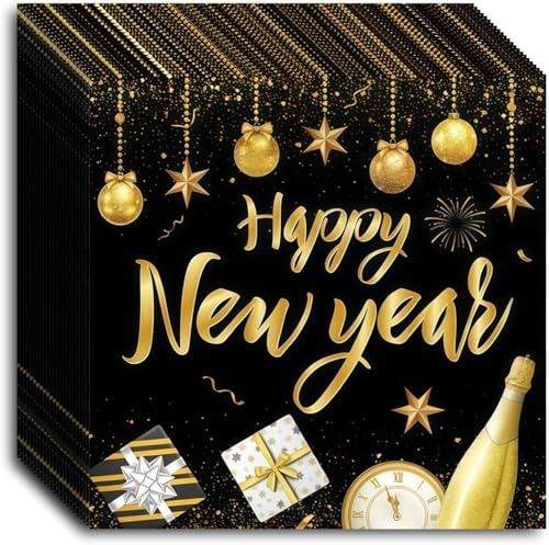 40 Stück Servietten Silvester, Servietten Silvester Neujahr 2026,Happy New Year Papierservietten Schwarz Gold Serviette Für Neujahr Party Deko