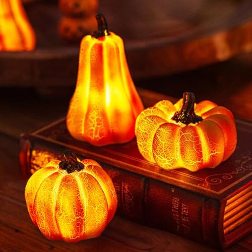 Herbstdeko Kürbis Deko, 3 Stück Halloween Deko Kürbis Figuren mit LED Licht, Herbst Deko Leuchtende Kürbis Klein, Herbstliche LED Kürbis Figuren für Herbst Dekoration, Halloween Tischdeko (3er Set)