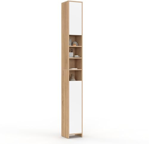 IDMarket - Meuble Colonne Salle de Bain TOMI 2 Portes 4 niches façon hêtre et Blanc
