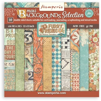 Stamperia - Scrapbook Paper Pad for Scrapbooking, Albums, Cards, Bullet Journals, and More, Acid Free, Double-Sided, Perfect for Crafts and Gifting (Furry Friends Background Selection) (30.5 x 30.5 cm