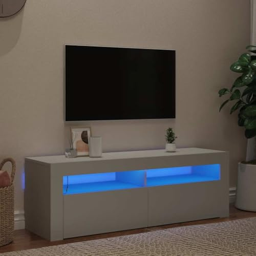 Mokuyary TV Stand with LED Lights White 120 x 35 x 40 cm TV Stand Low TV Table with Dividers, TV Console TV Cabinet for Living Room, Bedroom