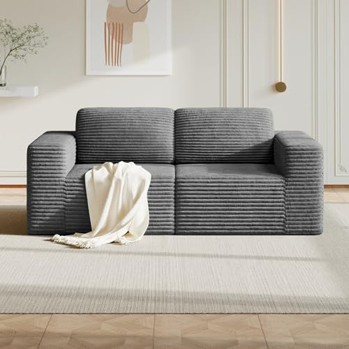 Vesgantti 202 cm Modulares Sofa 2-Sitzer, Cord Loveseat mit Federkern, Extra Tiefe Sitzfläche, Boneless Couch für Wohnzimmer, Kein Aufbau erforderlich, Rutschfester Boden, Grau