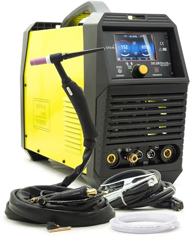 Magnum THF 238 PRO LCD v2 WIG Schweißgerät AC DC Aluminium 200A - Profi Inverter Schweißmaschine mit HF Zündung, Puls Funktion, 9 Wellenformen & Farb-Display - Inkl. SR26 Brenner & E-Hand MMA