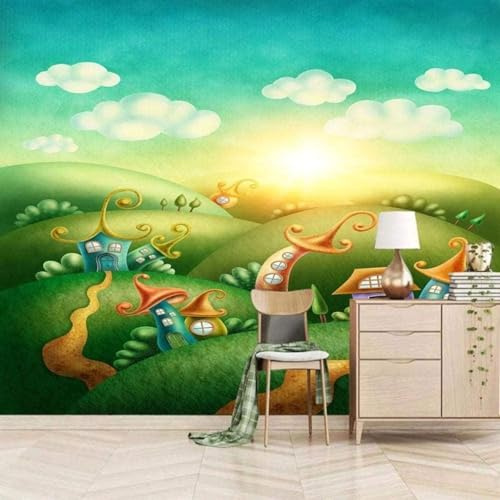 Cartoon Sunrise White Clouds Creative House 3D Wallpaper Easy Install Feature Office Living Room Sofa Bedroom TV Background Wall Decoration-400cm×280cm