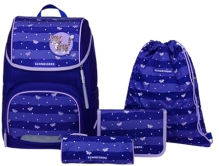 Schneiders Ergojet Schultasche Set Blissy Butterfly (6-teilig) – Mädchen-Schulranzen mit Schmetterling-Motiv, wandelbar zum Schulrucksack, LED-Licht, ergonomisch & nachhaltig, 21L, Blau/Lila