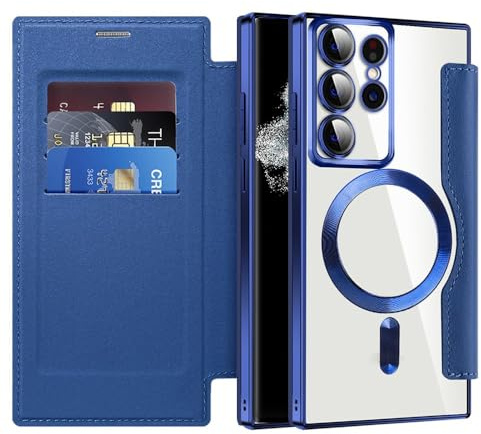 Techsuit für Samsung Galaxy S22 Ultra 5G Flip Wallet Hülle mit Kartenfach, Magnetring Kompatibel, RFID Schutz, Stoßfest, Standfunktion, SmartMag Book Case, PU Leder, Blau