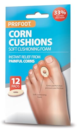PROFOOT Corn Cushions - 12 Cushioning Pads - Instant Relief from Painful Corns - Super Soft Cushioning Foam Pads for Pressure Relief - Self Adhesive Pads