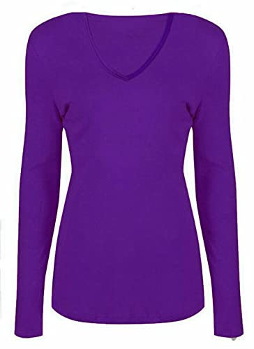 WearAll New Ladies V Neck Stretch Womens Long Sleeve Top Purple 8/10