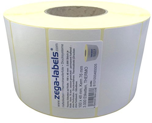 Thermo Etiketten auf Rolle - 100 x 48 mm - 3.000 Stück je Rolle - Kern: 76 mm - aussen gewickelt - permanent haftend - Druckverfahren: Thermodirekt (Drucken ohne Farbband)