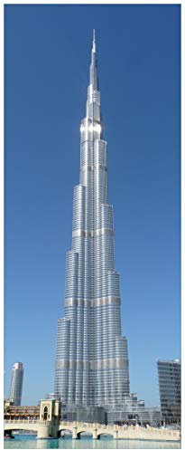 Wallario Glasbild Wolkenkratzer in Dubai - 50 x 125 cm Wandbilder Glas in Premium-Qualität: Brillante Farben, freischwebende Optik