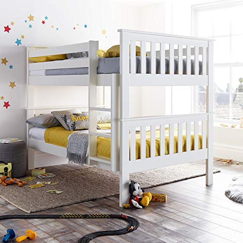 Quadruple Sleeper Bed, Happy Beds Oslo White Wood Shaker Double Bunk Bed - 4ft Small Double (120 x 190 cm) Frame Only