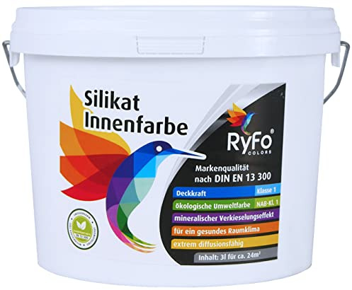 RyFo Colors Silikat Innenfarbe 3l – mineralische Wandfarbe weiß, diffusionsoffen, Deckkraft Klasse 1, Nassabrieb Klasse 1, allergikergeeignet