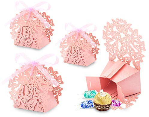 Derbway 30 Stück Rosa Schmetterling Hochzeit Geschenkbox mit Bändern, Gastgeschenk Kartonage klein Süßigkeiten Kartons, Tischdeko Favous Box,Kinder Party süße Boxen