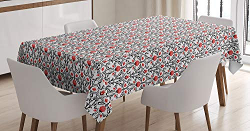 ABAKUHAUS Jugendstil Tischdecke, Rokoko Tulip Bloom, Für den Inn und Outdoor Bereich geeignet Waschbar Druck Klar Kein Verblassen, 140 x 170 cm, Schwarz, Rot, Weiß
