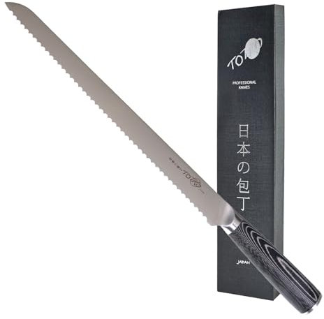 Totiko Coltello Professionale in Acciaio Tedesco, Coltello da Cucina Professionale Giapponese per Pane e Pasticceria, Lama da 30cm, Bread Knife, Manico in Pakkawood Color Legno Japan Knives