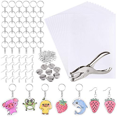 ASTARON 181 Stück Schrumpffolie Set Schrumpfplastik Set nthält Schrumpfkunstpapier, Locher, Ohrhaken, Broschen und Schlüsselanhänger für DIY