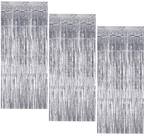 3 Piezas Cortina de Oropel Metálica, 1 x 2 M Foil Fringe Cortinas Flecos, Aluminio Lamina Metálico Cortinas Serpentinas, Cortina Fiesta para Boda Cumpleaños Puerta Ventanas Decoración (Plata)