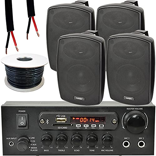 4x - 4” 60W Black Wall Mounted Outdoor/Indoor Speakers & Bluetooth Amplifier Kit | SMART HOME Multi-Room | BBQ Garden Party Restaurant System | External Audio | HiFi Wireless Music Streaming