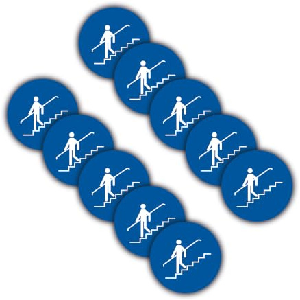 STROBO 10 Stück Aufkleber Treppengeländer benutzen mit Ø 9,5 cm | Sticker mit geschlitzter Rückseite für den Innen- und Außenbereich | UV-Schutz, Wind- und Wetterfest