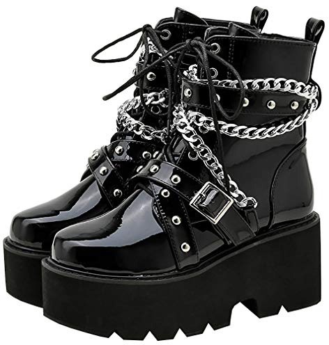 Parisuit Womens Goth Patent Ankle Boots Platform Chunky High Heel Lace Up Combat Boots Punk Buckle Chain Booties-black size 8