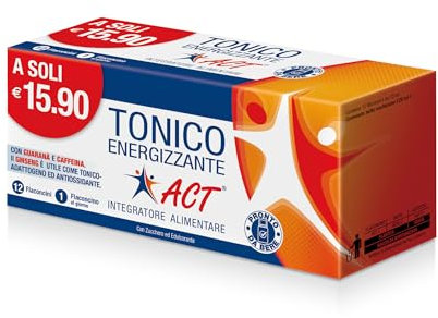 Tonico Energizzante Act, Integratore Alimentare Con Caffeina, Ginseng e Guaranà; 1 Confezione da 12 Flaconi
