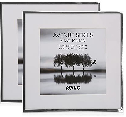 Kenro Box of 2 Avenue Silver Plated Photo Frame 7x7 Inch / 18x18cm with White Mat for Photo 5x5 Inch / 13x13cm - AVE1313S