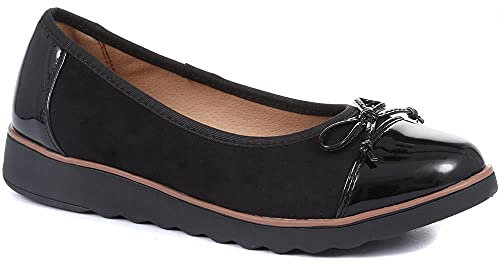 Pavers Womens Leather Ballet Pumps in Black Patent - Casual Flats - Comfort Footwear with High Shine Toe Cap & Delicate Bow Detail - Size UK 4 / EU 37