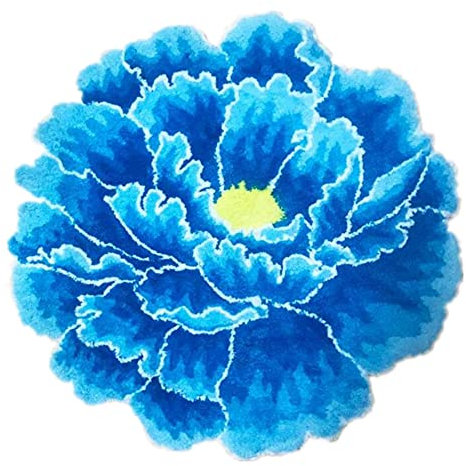 Home Dec Blaue Pfingstrosen-Blumen-Form, runder Teppich, weicher Plüsch, flauschiger Teppich für Schlafzimmer/Küche/Bad/Nachttisch, Innenbereich, Bodenmatte, Blumenmuster, 59.9x60 cm