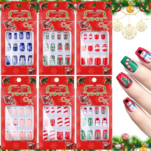 144 Stück Weihnachten Künstliche Nägel, Kalolary Xmas Stiletto Falsche Nägel Set mit Nagelklebestreifen Full Cover Weihnachtsmann Weihnachtsbaum Schneeflocken Fingernägel für Festival Nail Dekoration