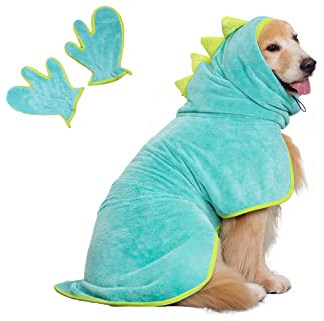 Pawyee Super Soft Fast-Drying Dog Towel with Drying Gloves for Cold Weather, Beach, Pool - Adjustable Microfiber Bath Robe Set (2 pcs) for Cats and Dogs (XL, Blue Dino)