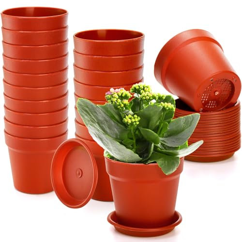 ZOOFOX 20 Pack Plastic Plant Pots, 9cm × 10cm Flower Pots Nursery Pot with Drainage Hole and Tray, Thickened Plastic Plant Container for House Plants, Seedlings, Succulents, Terracotta