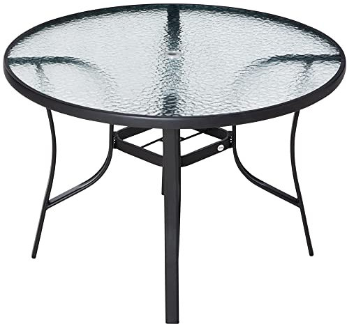 Outsunny Mesa de Cristal de Jardín con Agujero para Sombrilla Mesa para Comer Redonda con Marco de Acero para Exterior Terraza Balcón Ø106,5x71 cm Negro