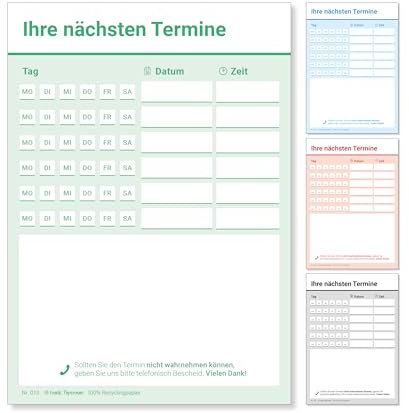 Frank Paperman® | 600 Terminzettel Praxis | 12 x Terminblock à 50 Blatt | grün | 6 Termine pro Zettel | für Ärzte. Heilpraktiker. Physio. Massage. Studios u.v.m.