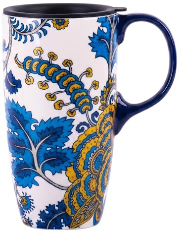 DUSVALLY Tasse de voyage en céramique de 500 ml avec couvercle, tasse à | Grande tasse à café motif floral bleu avec poignée et couvercle résistant aux éclaboussures, passe au micro-ondes et au