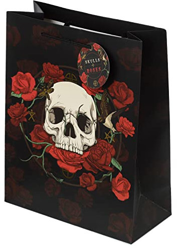Geschenktüte - Schädel und Rosen - rote Rosen - L